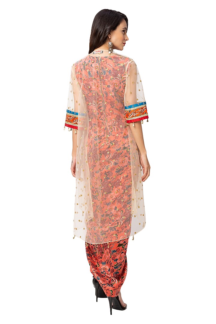 Red Saree Dress With White Net Jacket by Soup By Sougat Paul at Pernia's Pop Up Shop
