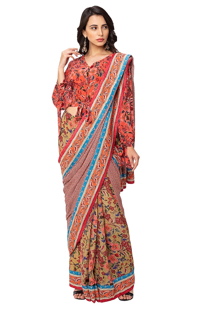 Red & Mustard Crepe Printed Pre-Stitched Saree Set by Soup By Sougat Paul