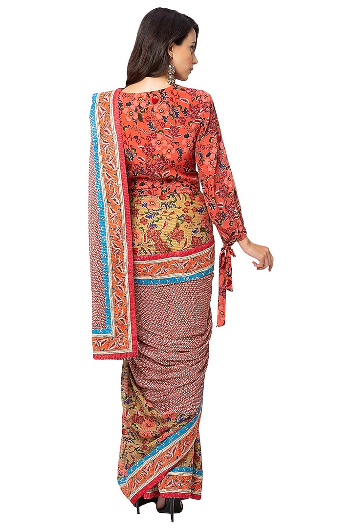 Red & Mustard Crepe Printed Pre-Stitched Party Wear Saree Set by Soup By Sougat Paul at Pernia's Pop Up Shop