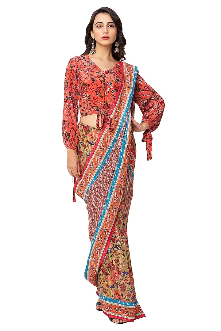 Red & Mustard Crepe Printed Pre-Stitched Party Wear Saree Set by Soup By Sougat Paul at Pernia's Pop Up Shop