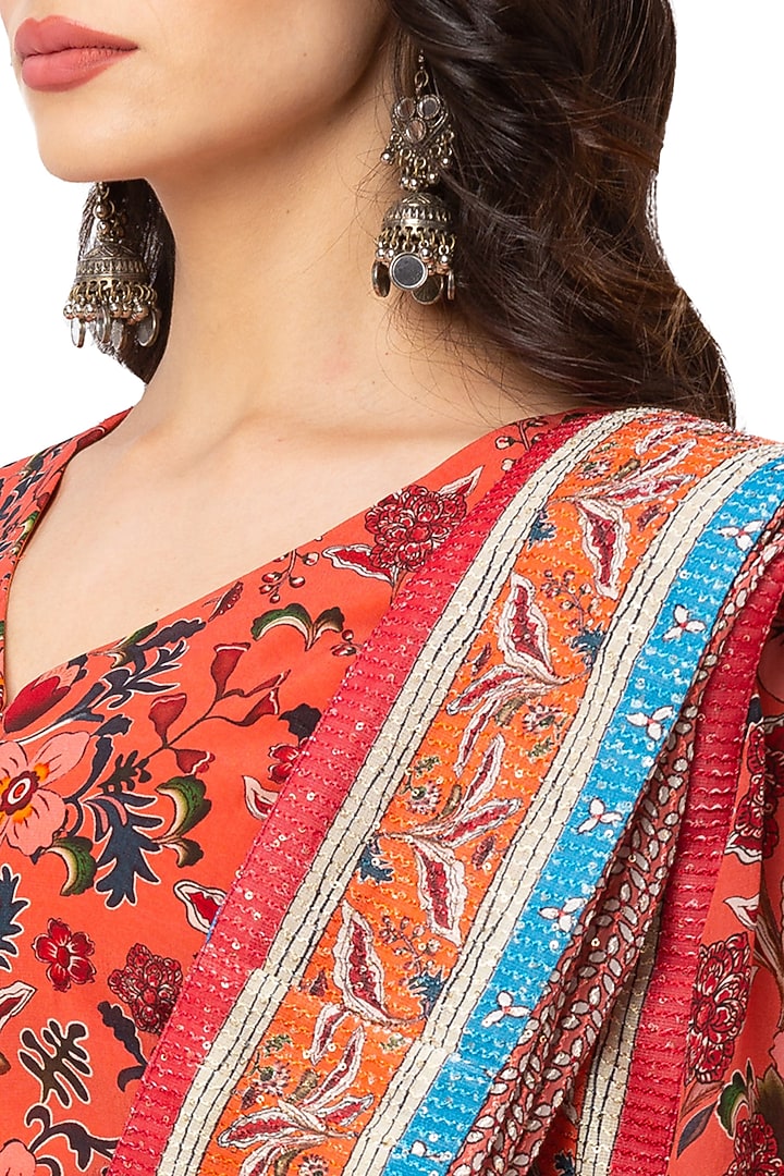 Red & Mustard Crepe Printed Pre-Stitched Party Wear Saree Set by Soup By Sougat Paul at Pernia's Pop Up Shop