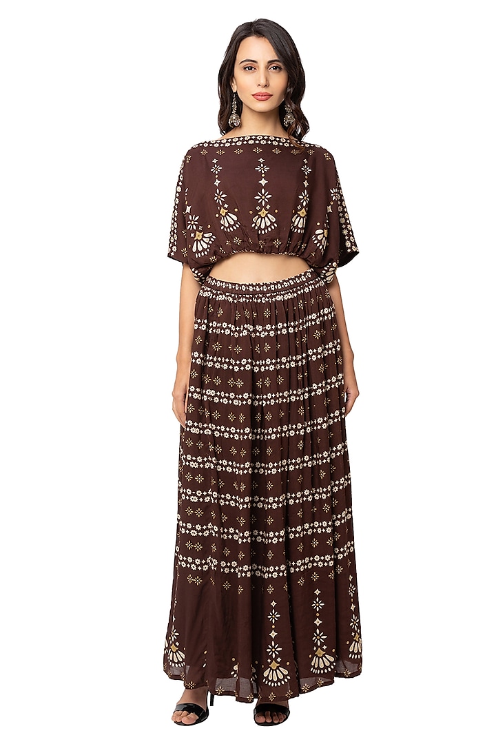 Coffee Brown Printed Skirt Set by Soup By Sougat Paul
