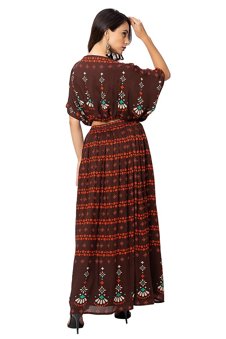 Coffee & Rust Brown Printed Skirt Set by Soup By Sougat Paul at Pernia's Pop Up Shop