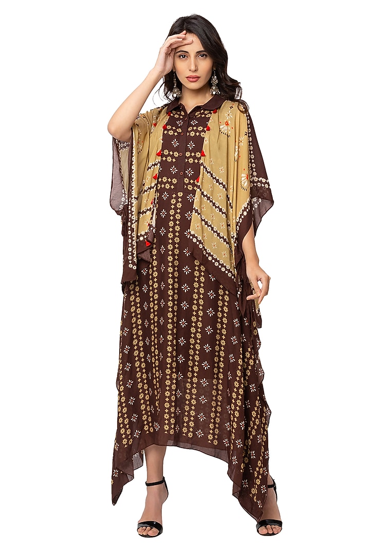 Coffee Brown Summer Dress With Mustard Kaftan Jacket by Soup By Sougat Paul at Pernia's Pop Up Shop