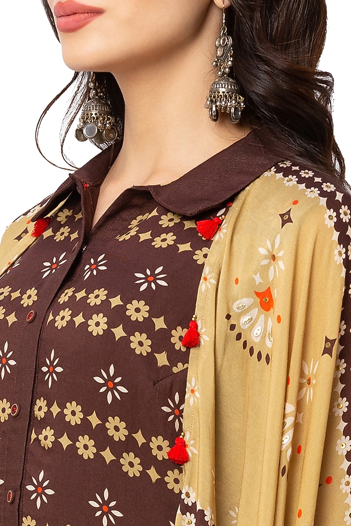 Coffee Brown Summer Dress With Mustard Kaftan Jacket by Soup By Sougat Paul at Pernia's Pop Up Shop