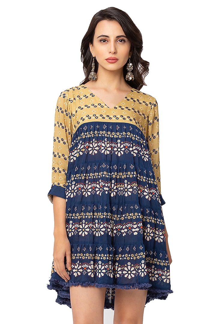 Mustard & Blue Printed Summer Dress by Soup By Sougat Paul at Pernia's Pop Up Shop