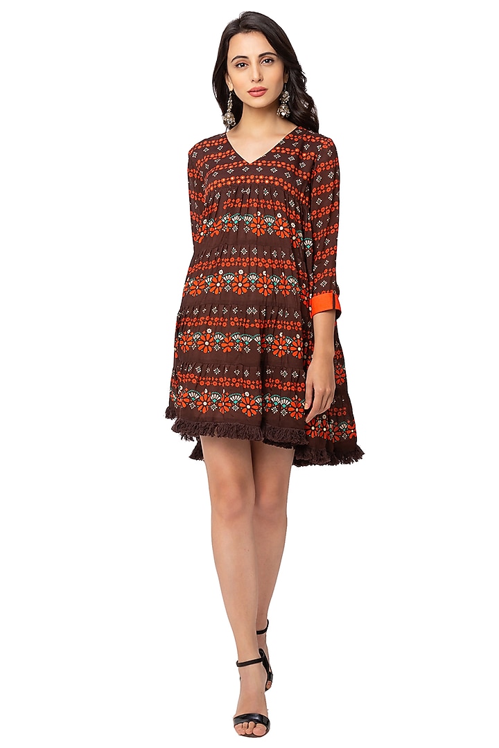 Coffee & Rust Brown Printed Dress by Soup By Sougat Paul