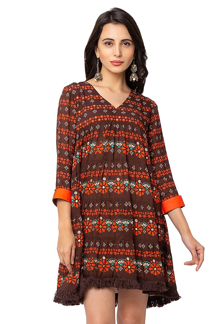 Coffee & Rust Brown Printed Summer Dress by Soup By Sougat Paul at Pernia's Pop Up Shop
