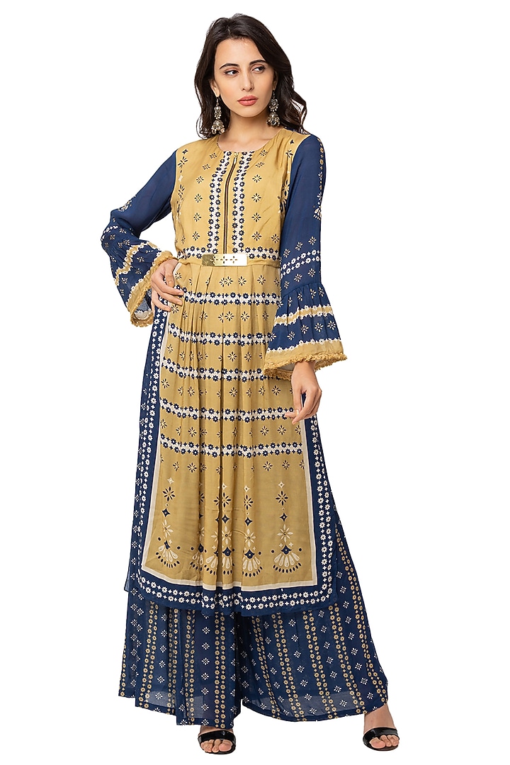 Mustard & Blue Kurta Set by Soup By Sougat Paul at Pernia's Pop Up Shop