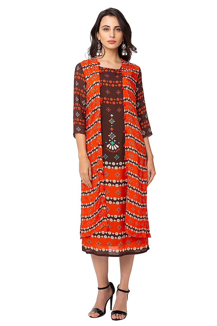 Coffee Brown & Rust Orange Dress With Jacket by Soup By Sougat Paul