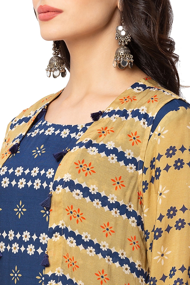 Mustard & Blue Summer Dress With Jacket by Soup By Sougat Paul at Pernia's Pop Up Shop