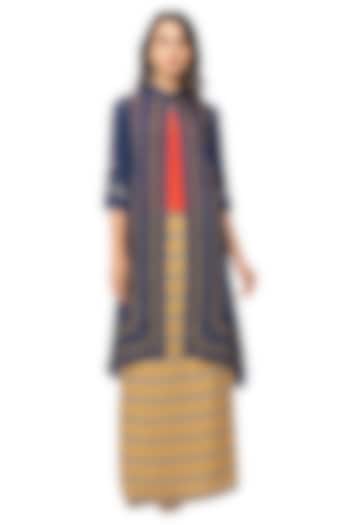 Mustard Skirt With Blue Jacket Set by Soup By Sougat Paul