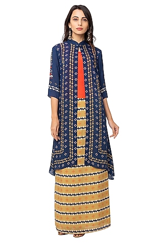 Mustard Skirt With Blue Jacket Set by Soup By Sougat Paul