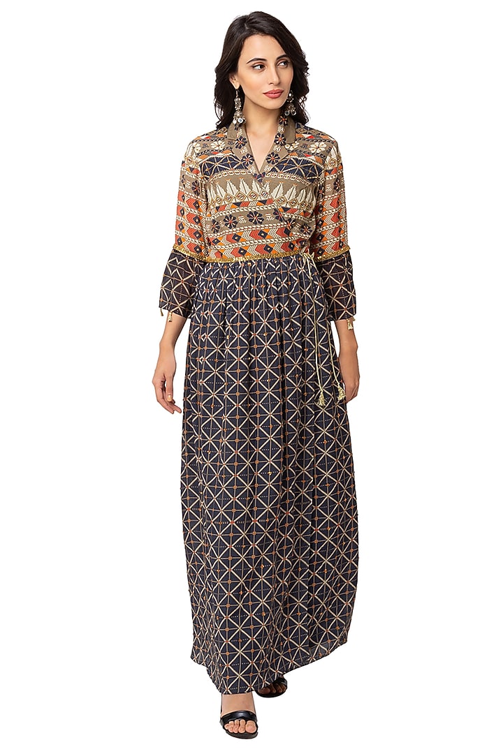 Blue & Beige Printed Wrap Vacation Dress by Soup By Sougat Paul at Pernia's Pop Up Shop