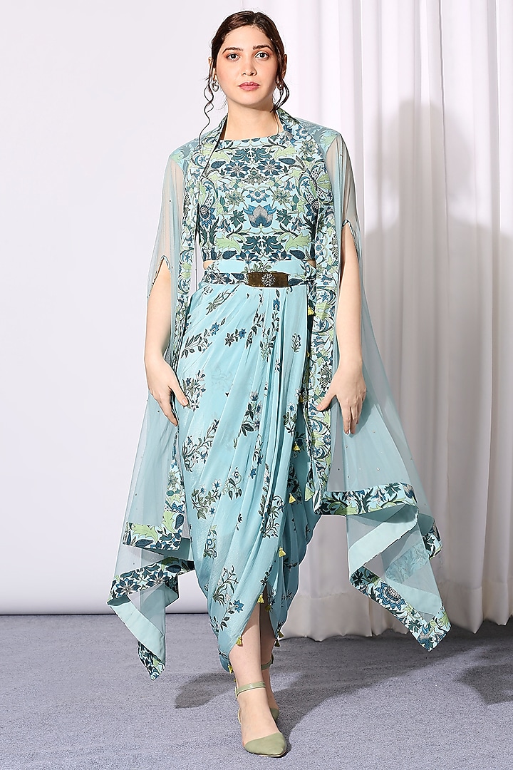 Aqua Blue Draped Jacket Vacation Dress by Soup by Sougat Paul at Pernia's Pop Up Shop