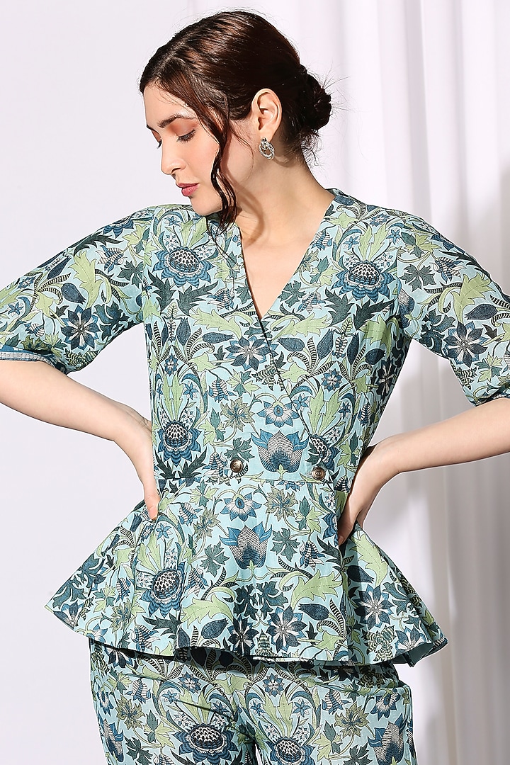 Aqua Blue Printed Co-Ord Set by Soup by Sougat Paul at Pernia's Pop Up Shop