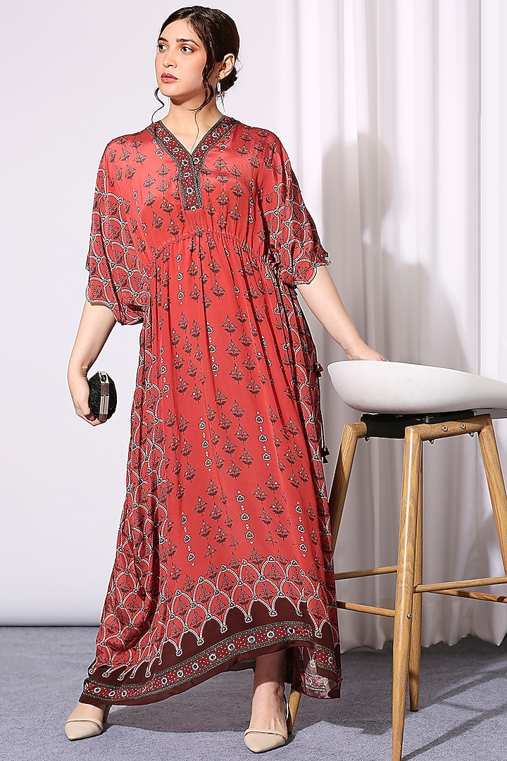 Red Embroidered Kaftan by Soup by Sougat Paul