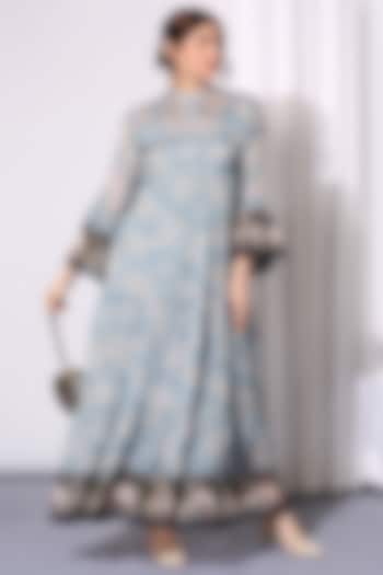 Powder Blue Chiffon Printed Dress by Soup by Sougat Paul
