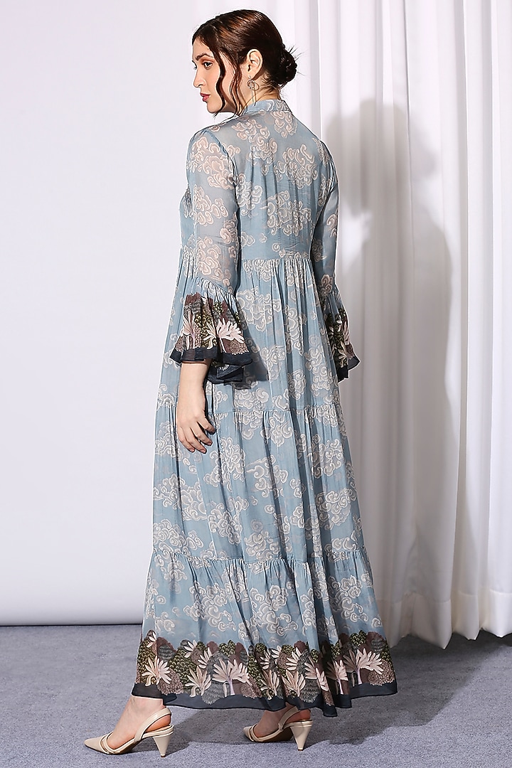 Powder Blue Chiffon Printed Summer Dress by Soup by Sougat Paul at Pernia's Pop Up Shop