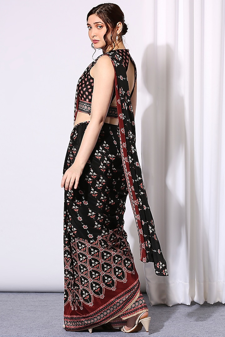 Black Crepe Printed Pre-Stitched Party Wear Saree Set by Soup by Sougat Paul at Pernia's Pop Up Shop