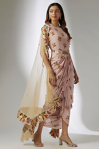 Pink Crepe Printed Draped Dress With Cape by Soup by Sougat Paul