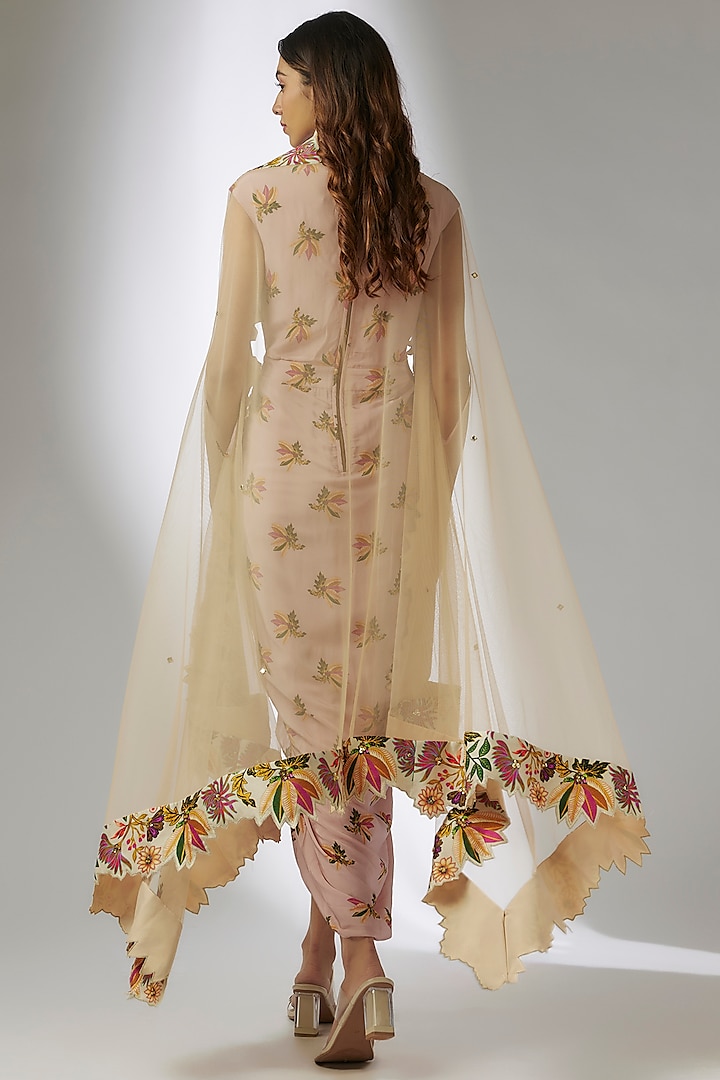 Pink Crepe Printed Draped Vacation Dress With Cape by Soup by Sougat Paul at Pernia's Pop Up Shop