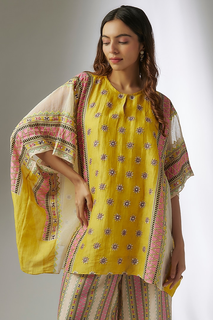 Yellow Linen Cotton Applique Work Co-Ord Set by Soup by Sougat Paul at Pernia's Pop Up Shop