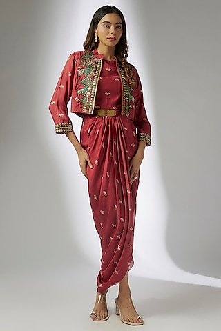 Red Silk Printed Draped Dress With Embroidered Jacket by Soup by Sougat Paul
