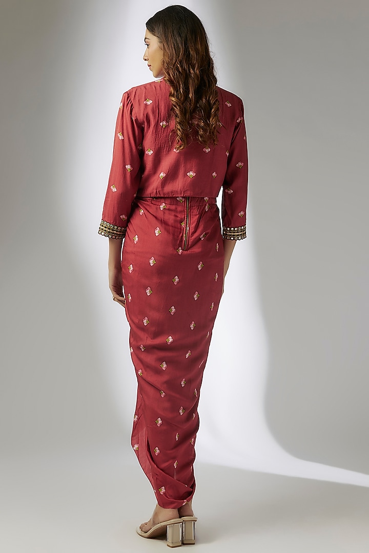 Red Silk Printed Draped Vacation Dress With Embroidered Jacket by Soup by Sougat Paul at Pernia's Pop Up Shop