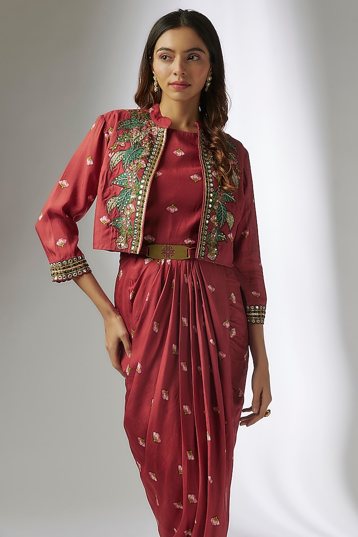 Red Silk Printed Draped Vacation Dress With Embroidered Jacket by Soup by Sougat Paul at Pernia's Pop Up Shop