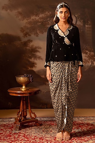 Black Velvet Embroidered Jacket Dress by Soup by Sougat Paul