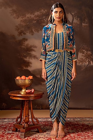 Blue Velvet Embroidered Jacket Dress by Soup by Sougat Paul