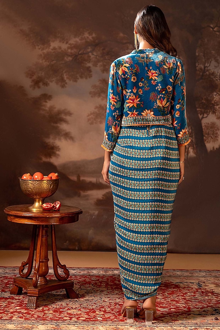 Blue Velvet Embroidered Jacket Vacation Dress by Soup by Sougat Paul at Pernia's Pop Up Shop
