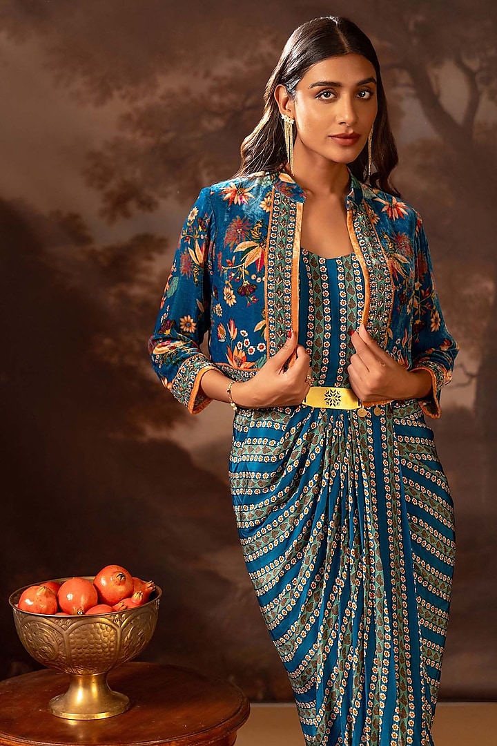 Blue Velvet Embroidered Jacket Vacation Dress by Soup by Sougat Paul at Pernia's Pop Up Shop