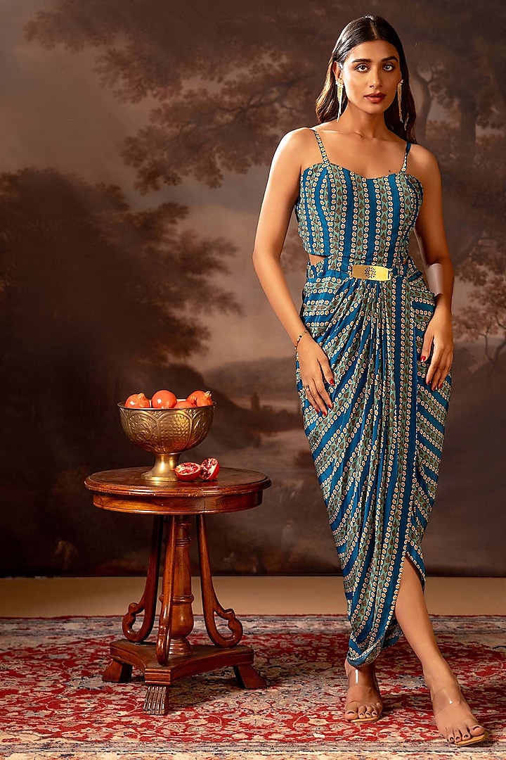 Blue Velvet Embroidered Jacket Vacation Dress by Soup by Sougat Paul at Pernia's Pop Up Shop