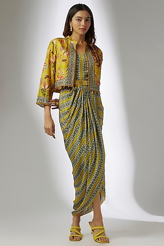 Yellow Silk Printed Draped Dress With Embroidered Jacket by Soup by Sougat Paul