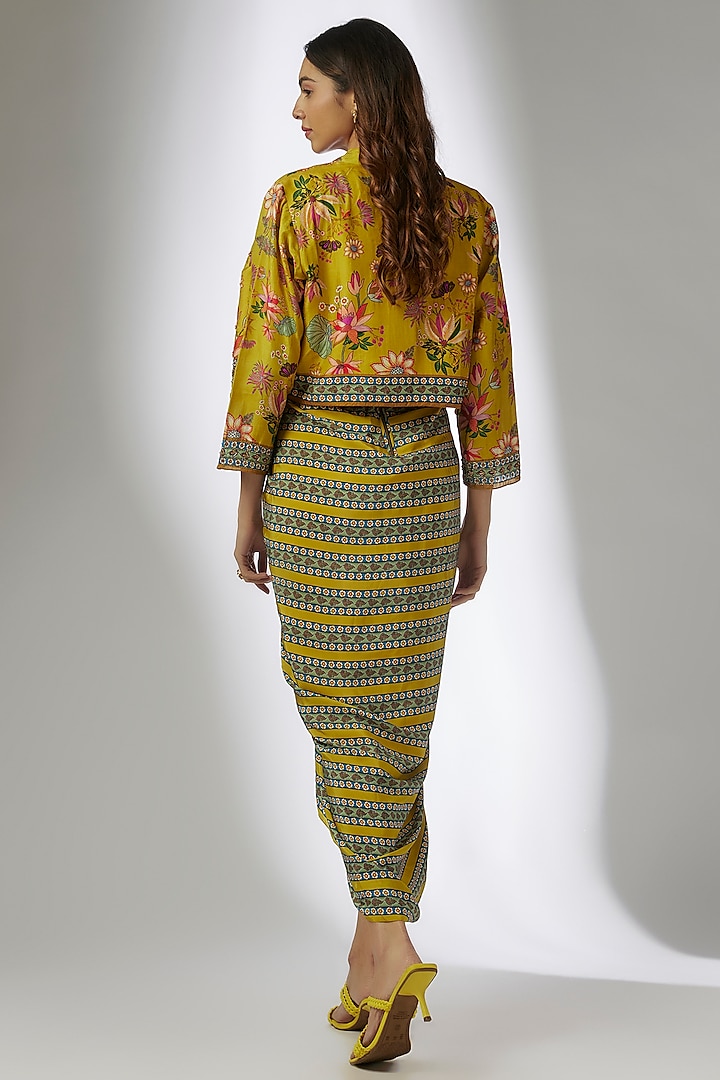 Yellow Silk Printed Draped Vacation Dress With Embroidered Jacket by Soup by Sougat Paul at Pernia's Pop Up Shop