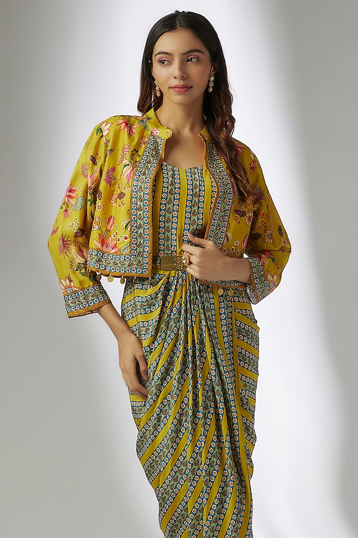 Yellow Silk Printed Draped Vacation Dress With Embroidered Jacket by Soup by Sougat Paul at Pernia's Pop Up Shop
