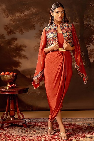 Red Crepe Printed Draped Jacket Dress by Soup by Sougat Paul