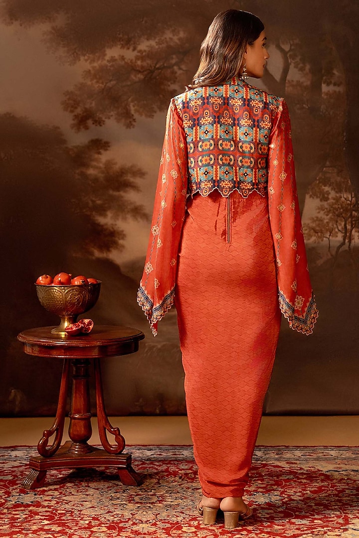 Red Crepe Printed Draped Jacket Vacation Dress by Soup by Sougat Paul at Pernia's Pop Up Shop