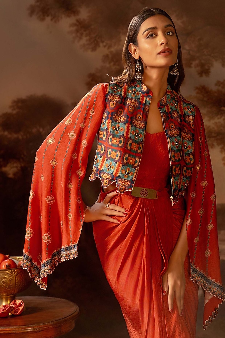 Red Crepe Printed Draped Jacket Vacation Dress by Soup by Sougat Paul at Pernia's Pop Up Shop