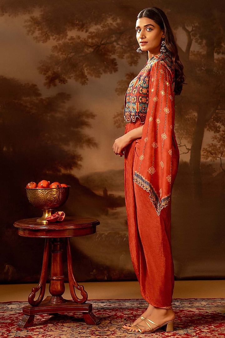 Red Crepe Printed Draped Jacket Vacation Dress by Soup by Sougat Paul at Pernia's Pop Up Shop