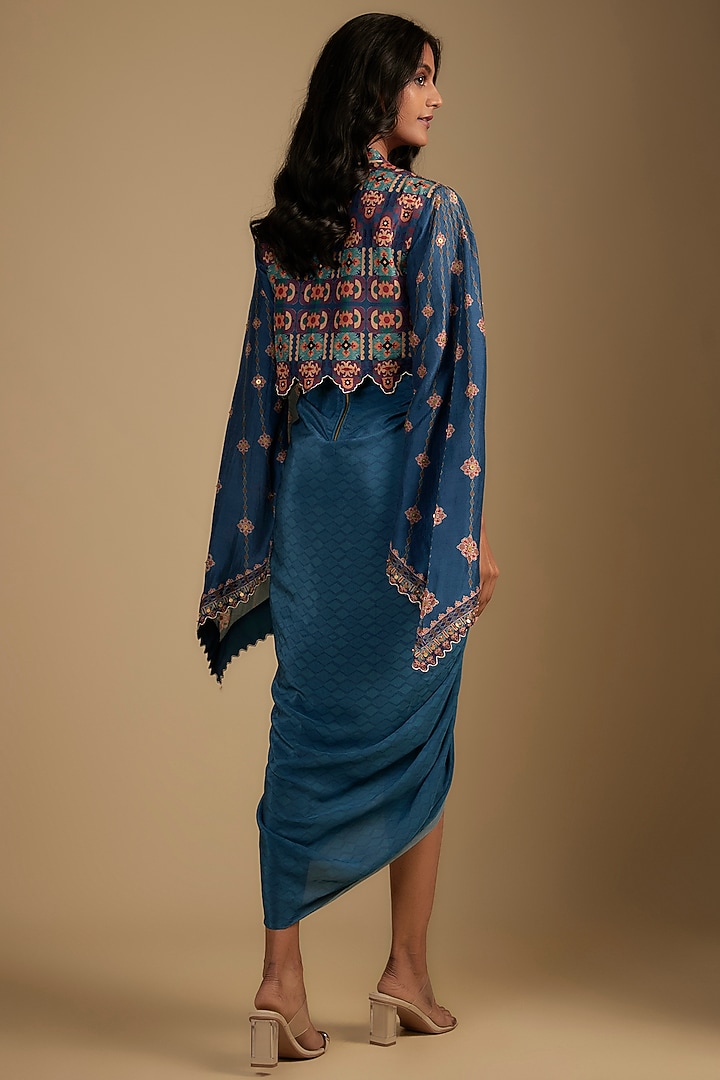 Blue Crepe Zari Embroidered & Digital Printed Jacket Vacation Dress by Soup by Sougat Paul at Pernia's Pop Up Shop