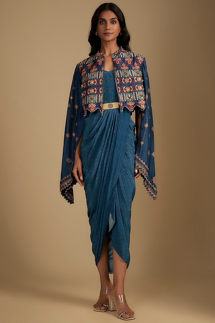 Blue Crepe Zari Embroidered & Digital Printed Jacket Vacation Dress by Soup by Sougat Paul at Pernia's Pop Up Shop