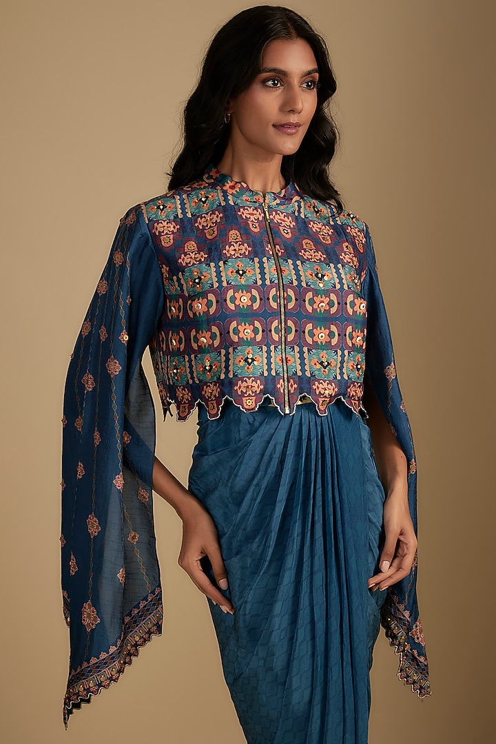 Blue Crepe Zari Embroidered & Digital Printed Jacket Vacation Dress by Soup by Sougat Paul at Pernia's Pop Up Shop