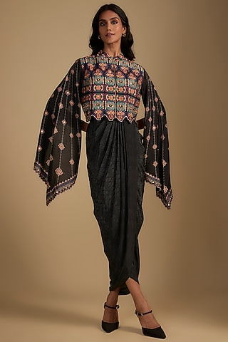 Black Crepe Zari Embroidered & Digital Printed Jacket Dress by Soup by Sougat Paul