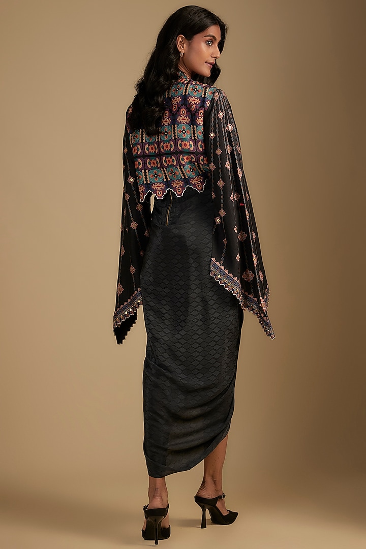 Black Crepe Zari Embroidered & Digital Printed Jacket Vacation Dress by Soup by Sougat Paul at Pernia's Pop Up Shop