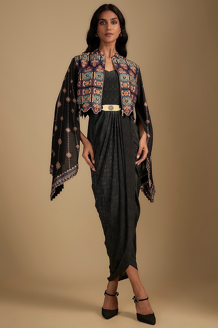 Black Crepe Zari Embroidered & Digital Printed Jacket Vacation Dress by Soup by Sougat Paul at Pernia's Pop Up Shop