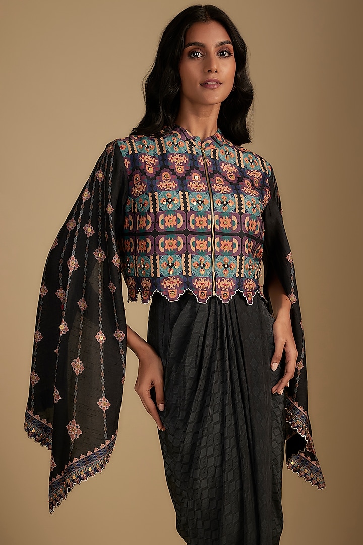 Black Crepe Zari Embroidered & Digital Printed Jacket Vacation Dress by Soup by Sougat Paul at Pernia's Pop Up Shop