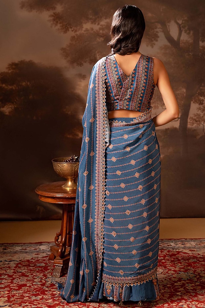 Blue Malaysian Silk Printed Pre-Stitched Wedding Saree Set by Soup by Sougat Paul at Pernia's Pop Up Shop